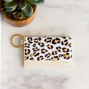 White Leather Leopard Print Snap Cardholder